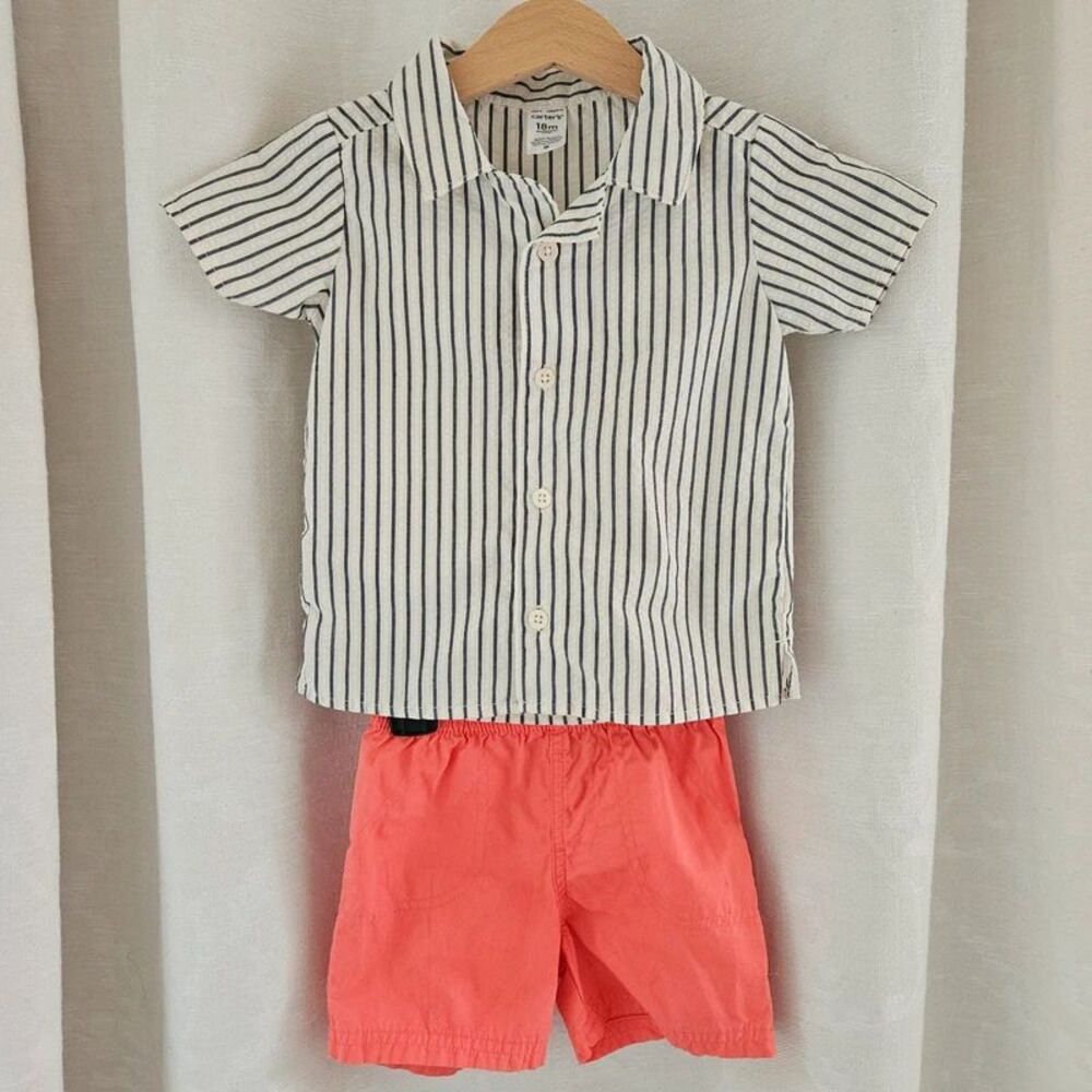 Carter's 3 Pc Striped Seersucker Button Front Shirt Shorts Hat Set Boy 18M